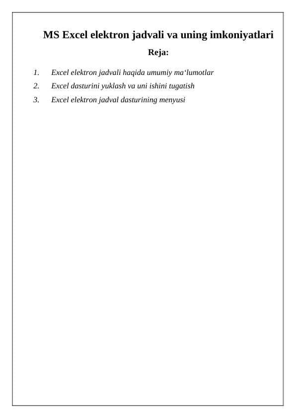 MS Excel elektron jadvali va uning imkoniyat