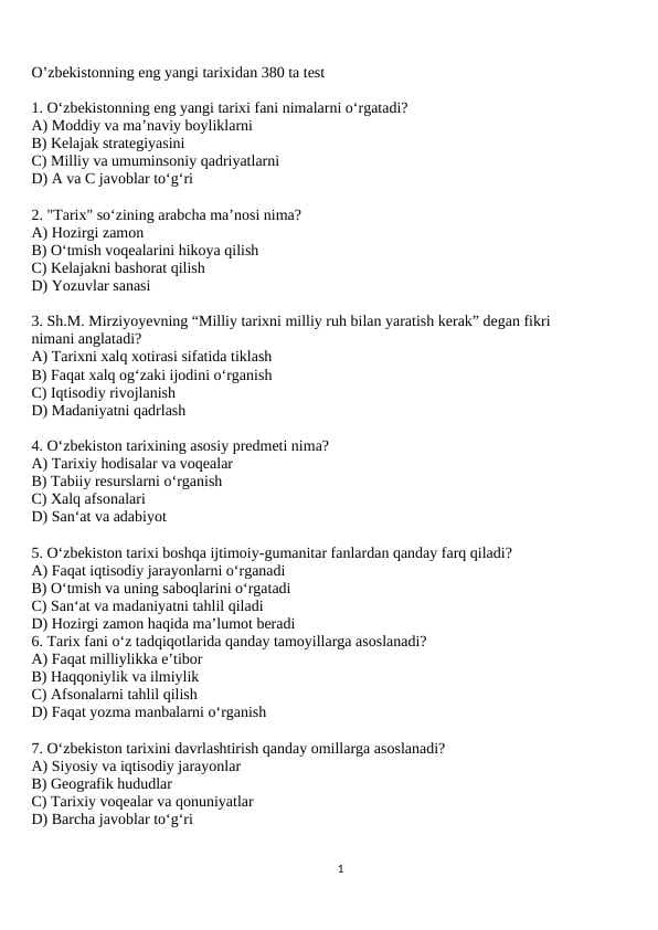 O'zbekistonning eng yangi tarixidan 380 ta test
