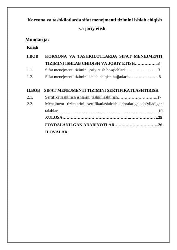 Korxona va tashkilotlarda sifat menejmenti