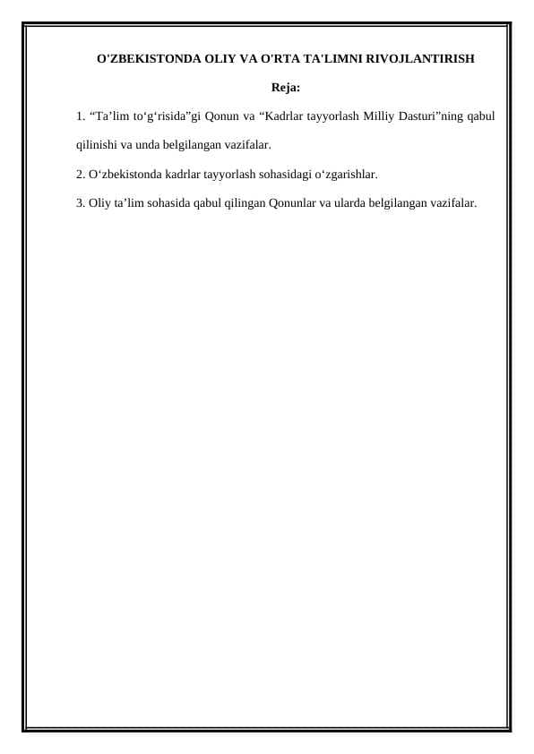 O‘zbekiston Respublikasida ta’lim sohasida amalga oshirish