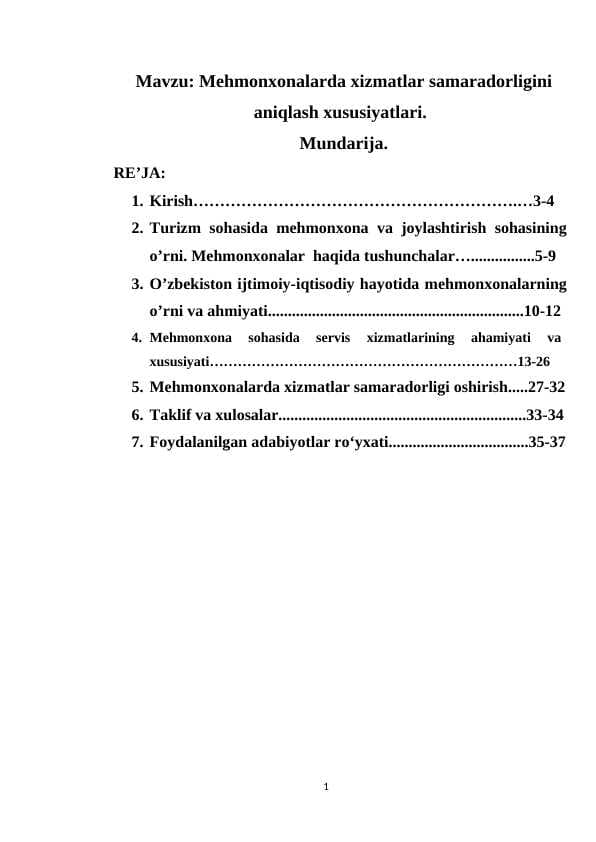 Меhmonxonalarda xizmatlar samaradorligini aniqlash xususiyatlari