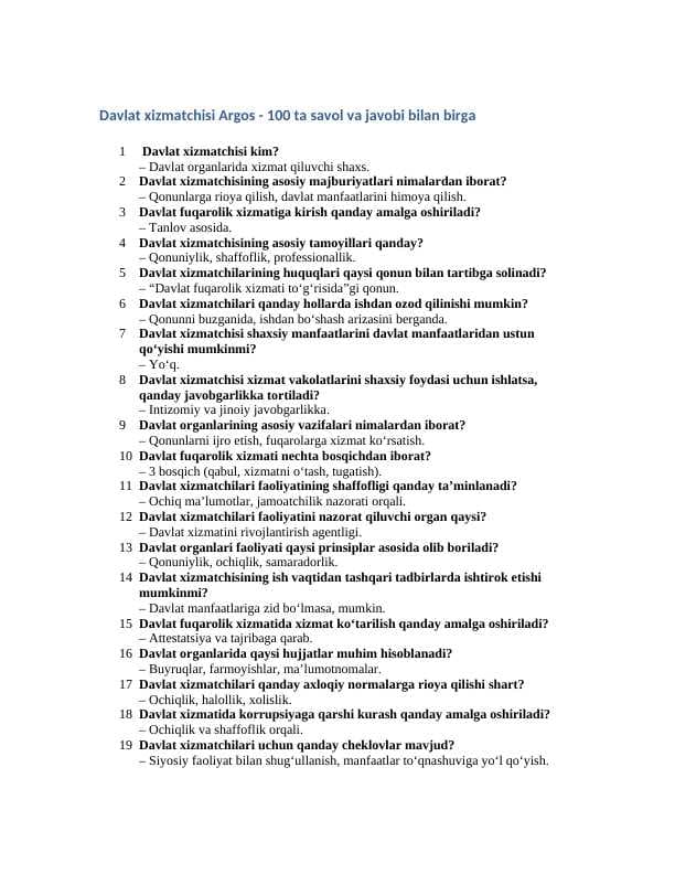 DAVLAT XIZMATCHISI ARGOS 300 TA SAVOL JAVOBI BILAN 2025