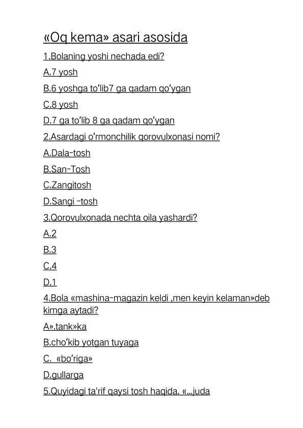 "Oq kema" asaridan 70 talik test
