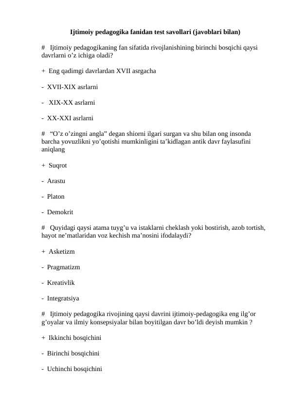 Ijtimoiy pedagogika fanidan test savollari (javoblari bilan)