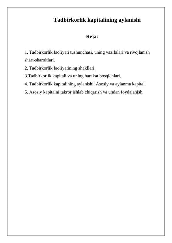 Tadbirkorlik kapitalining aylanishi