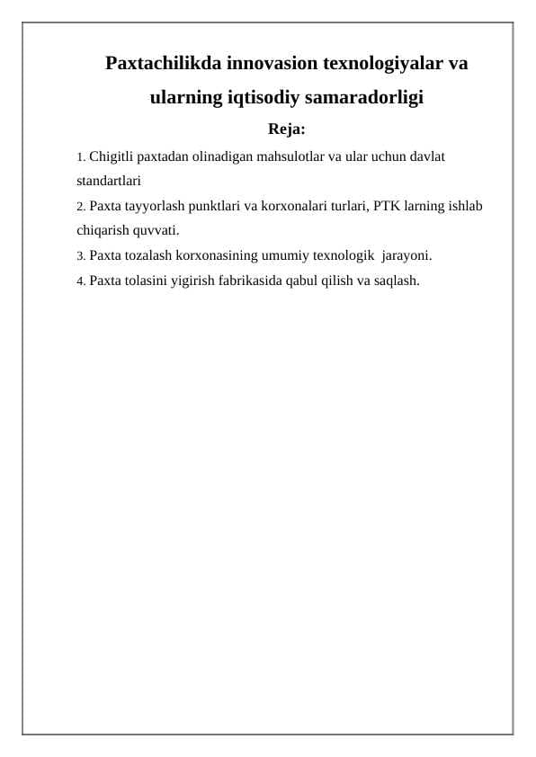 Paxtachilikda innovasion texnologiyalar va ularning iqtisodiy samaradorligi