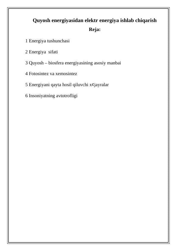 Quyosh energiyasidan elektr energiya ishlab chiqarish
