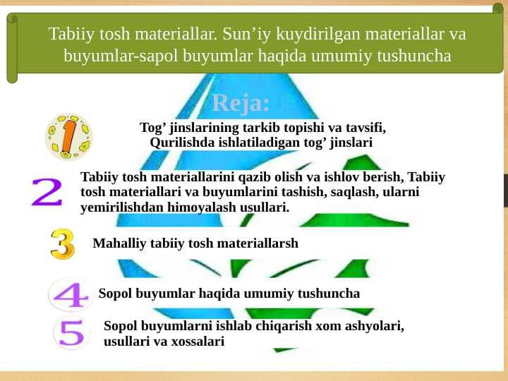 Tabiiy tosh materiallar. Sun’iy kuydirilgan materiallar va buyumlar-sapol buyumlar haqida umumiy tushuncha