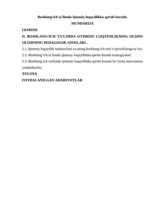 Boshlangʻich taʼlimda ijtimoiy loqaydlikka qarshi kurash.