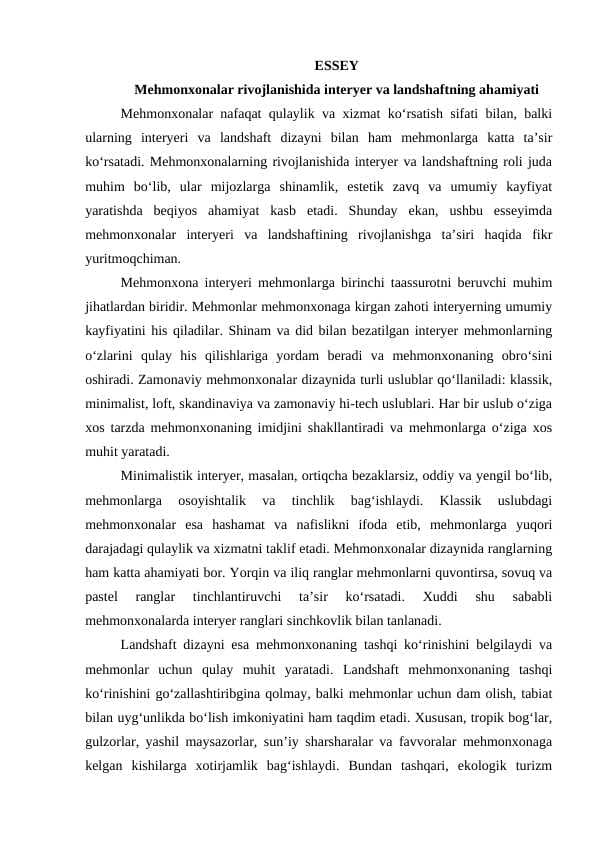 Mehmonxonalar rivojlanishida interyer va landshaftning ahamiyati