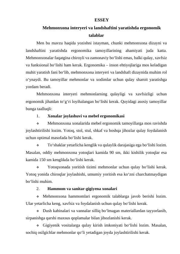 Mehmonxona interyeri va landshaftini yaratishda ergonomik talablar