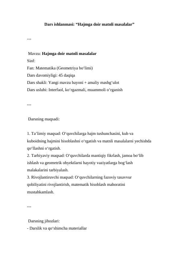 Hajmga doir matnli masalalar ( Dars ishlanmasi )