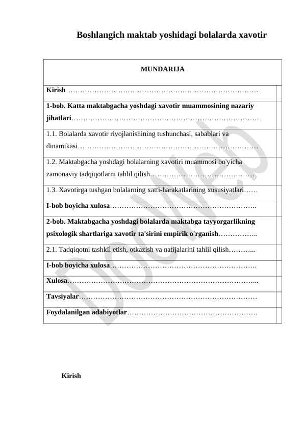 Boshlangich maktab yoshidagi bolalarda xavotir