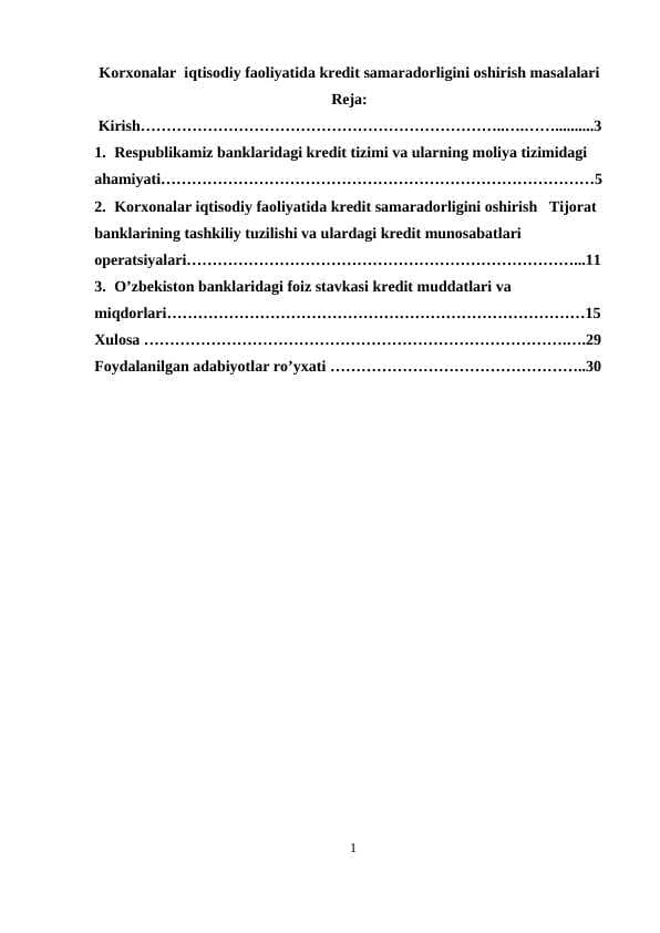 Korxonalar  iqtisodiy faoliyatida kredit samaradorligini oshirish masalalari