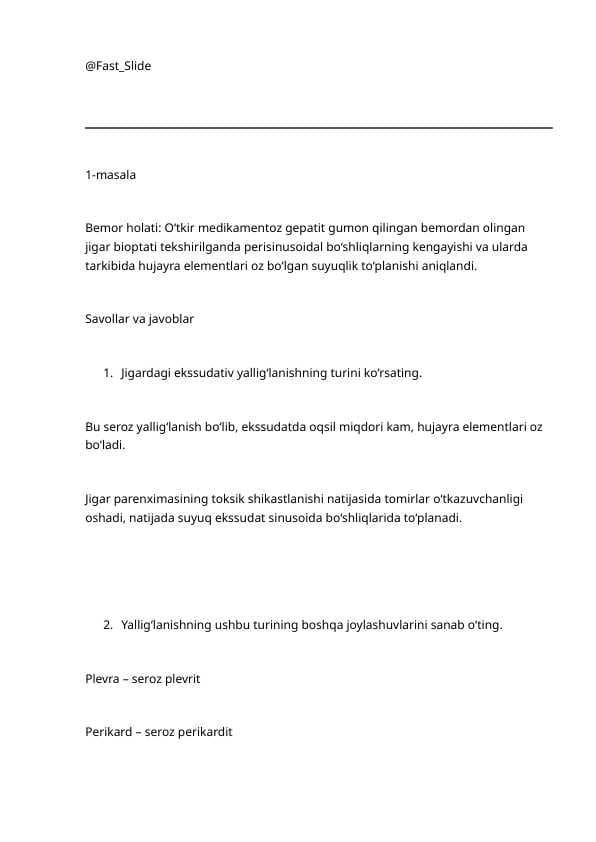 Patologik anatomiya fanidan ishchi daftar javoblari ( 2-kurs 3 qism vaziyatli masalalar)