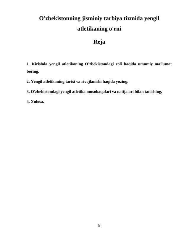 O'zbekistonning jisminiy tarbiya tizmida yengil atletikaning o'rni