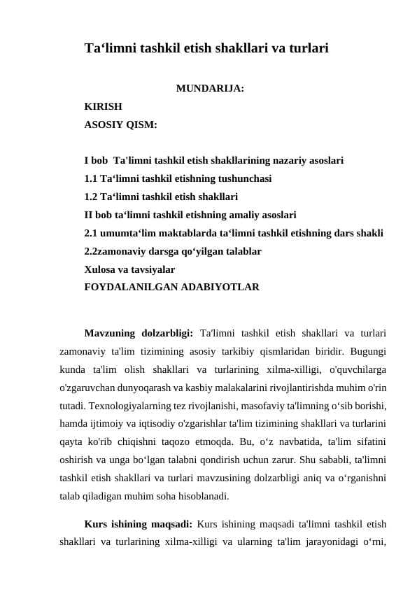 Ta‘limni tashkil etish shakllari va turlari