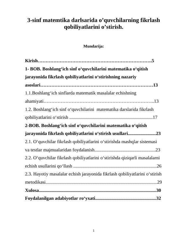3-sinf matemtika darlsarida o’quvchilarning fikrlash qobiliyatlarini o’stirish.
