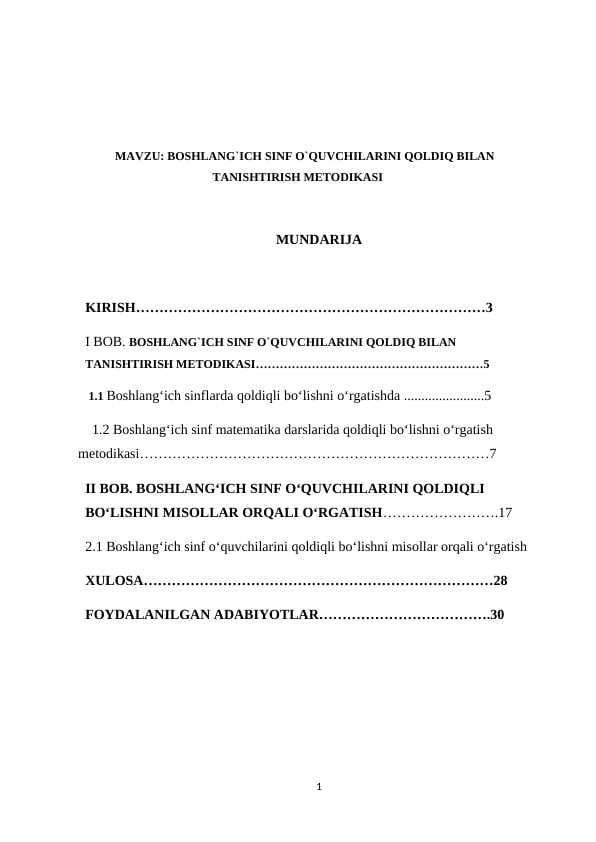 KURS ISHI. Boshlang`ich sinf o`quvchilarini qoldiq bilan tanishtirish metodikasi