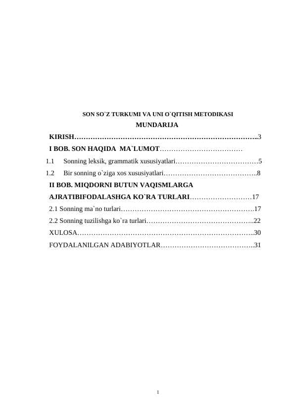 KURS ISHI. Son so`z turkumi va uni o`qitish metodikasi