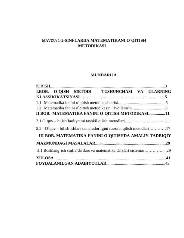 KURS ISHI. 1-2 sinflarda matematikani o`qitish metodikasi