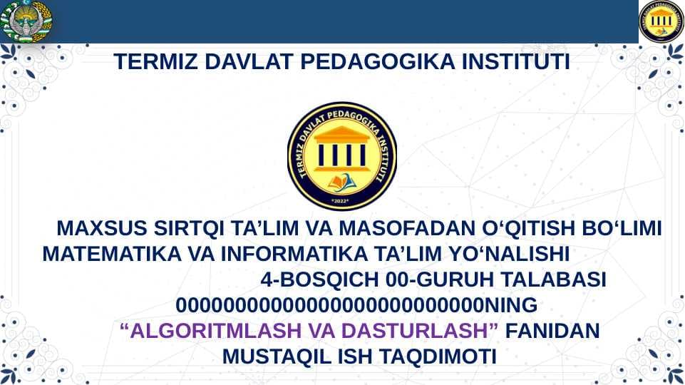 SUN'IY INTELLEKT VA MASHINA O'RGANISH ASOSLARI