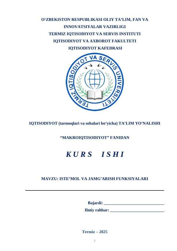 ISTE’MOL VA JAMG’ARISH FUNKSIYALARI Kurs ishi