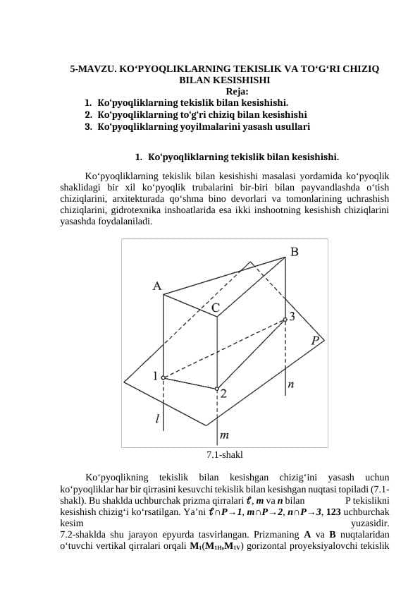 KO‘PYOQLIKLARNING TEKISLIK VA TO‘G‘RI CHIZIQ BILAN KESISHISHI