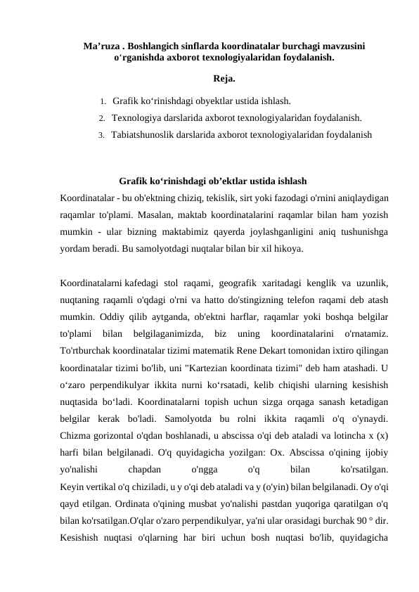 Boshlangich sinflarda koordinatalar burchagi mavzusini o‘rganishda axborot texnologiyalaridan foydalanish
