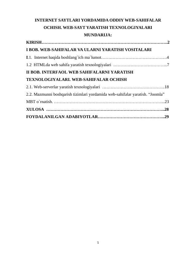 INTERNET SAYTLARI YORDAMIDA ODDIY WEB-SAHIFALAR OCHISH. WEB-SAYT YARATISH TEXNOLOGIYALARI