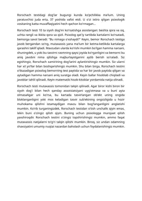 Rorschach testi. Shaxsiyat testi. Rorshax_siyoh_dog'lari_testi
