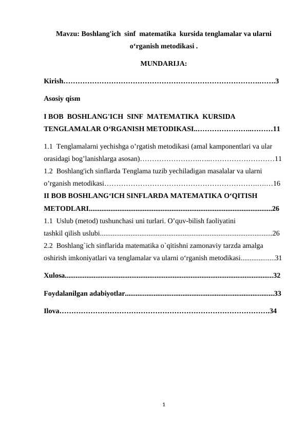 Boshlang'ich  sinf  matematika  kursida tenglamalar va ularni o‘rganish metodikasi