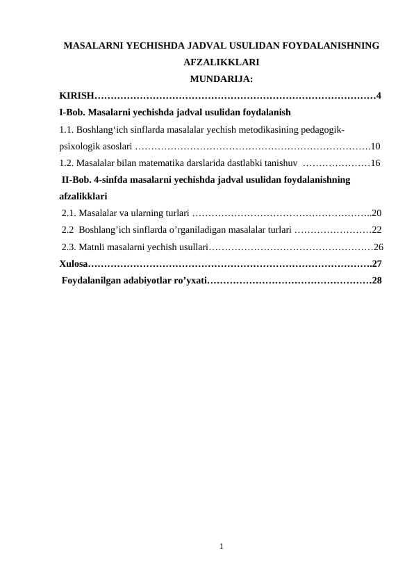 MASALARNI YECHISHDA JADVAL USULIDAN FOYDALANISHNING AFZALIKKLARI