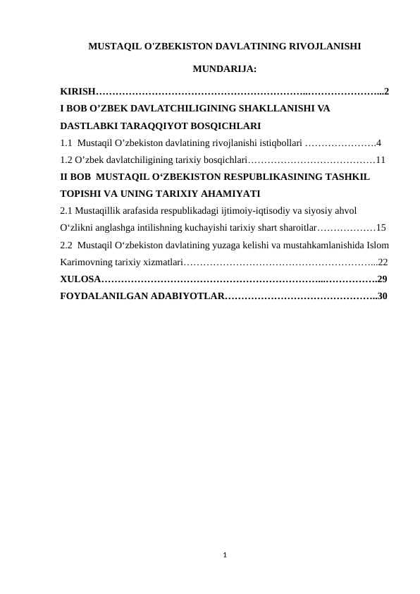 MUSTAQIL O'ZBEKISTON DAVLATINING RIVOJLANISHI