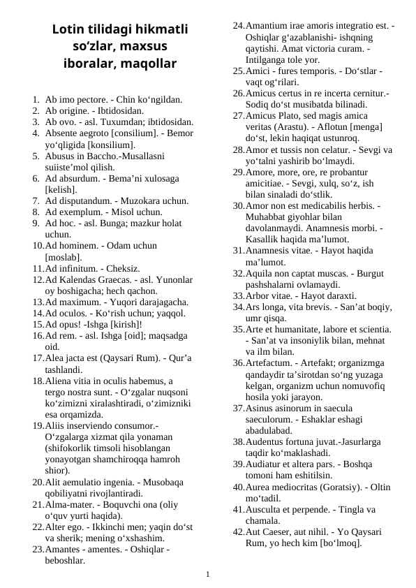 896 ta lug'at Tibbiyot Lotin tilidagi hikmatli so‘zlar, maxsus iboralar, maqollar