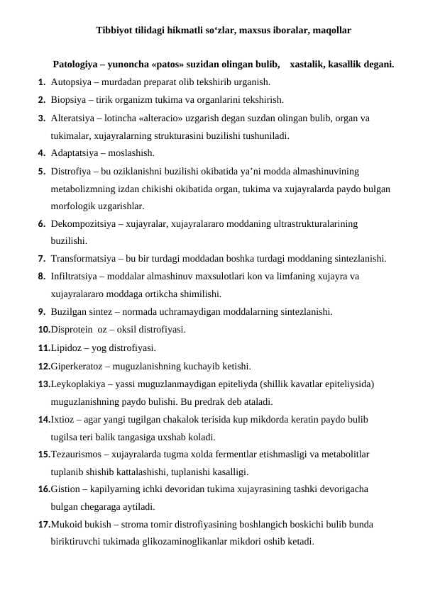 Tibbiyot tilidagi hikmatli so‘zlar, maxsus iboralar, maqollar