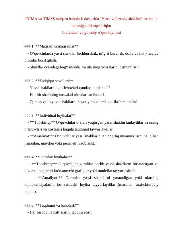 EGMA va TIMSS xalqaro baholash dasturida "Yassi vafazoviy shakllar" mazmun sohasiga oid topshiriqlar