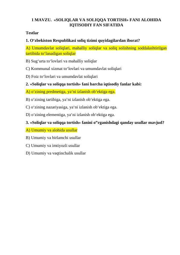 Soliqdan test savollari javoblari bilan