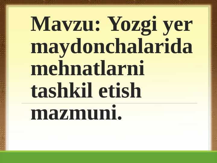 Yozgi yer maydonchalarida mehnatlarni tashkil etish mazmuni