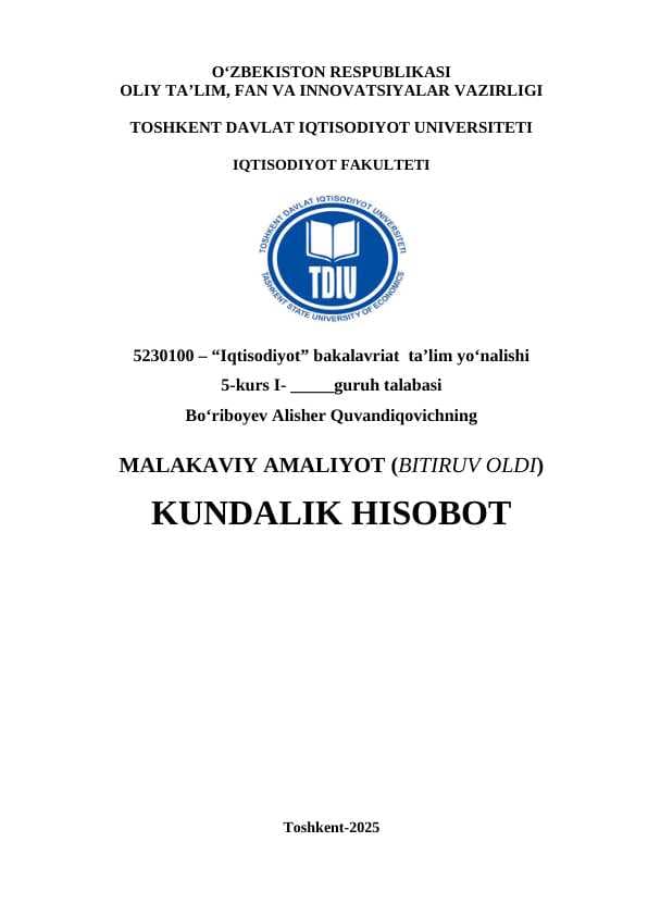SOLIQ MALAKAVIY AMALIYOT (BITIRUV OLDI)   KUNDALIK HISOBOT