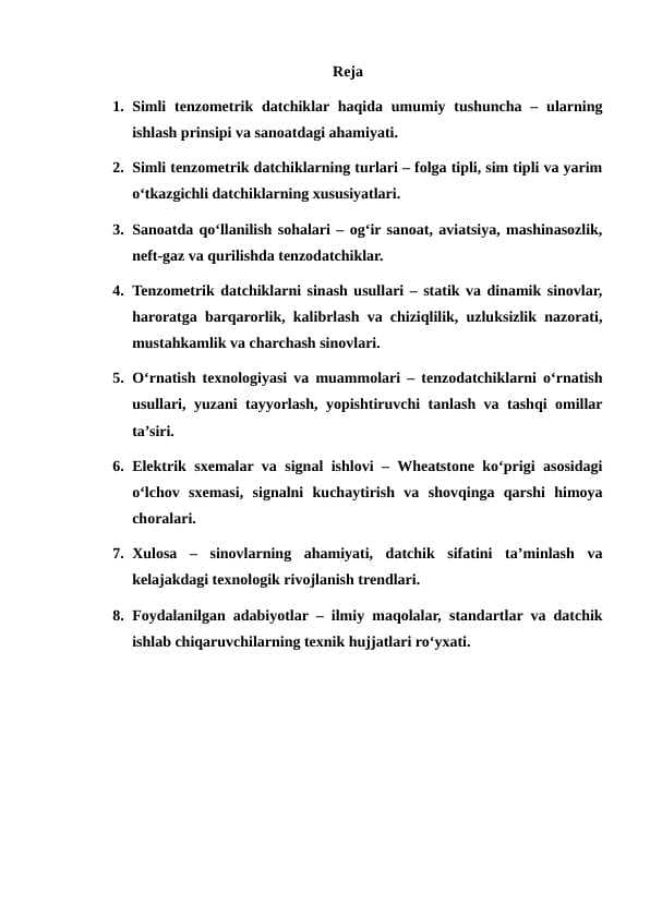 Simli tenzometrik datchiklarni sinash usullari