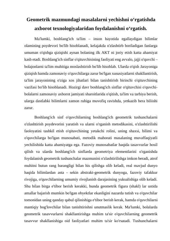 Geometrik mazmundagi masalalarni yechishni o‘rgatishda axborot texnologiyalaridan foydalanishni o‘rgatish