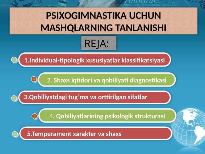 PSIXOGIMNASTIKA UCHUN MASHQLARNING TANLANISHI