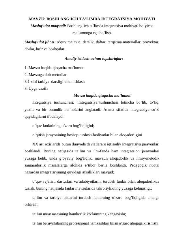 BOSHLANG’ICH TA’LIMDA INTEGRATSIYA MOHIYATI