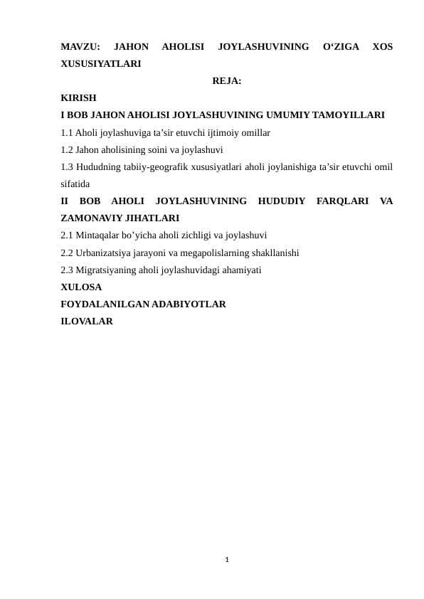 JAHON AHOLISI JOYLASHUVINING O‘ZIGA XOS XUSUSIYATLARI