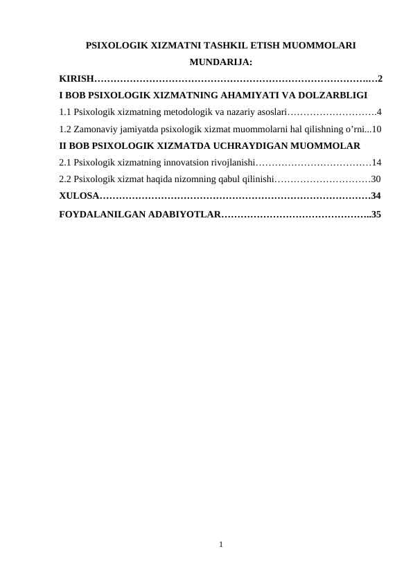 PSIXOLOGIK XIZMATNI TASHKIL ETISH MUOMMOLARI