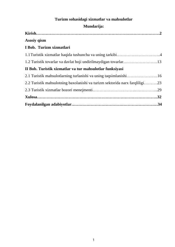 Turizm sohasidagi xizmatlar va mahsulotlar
