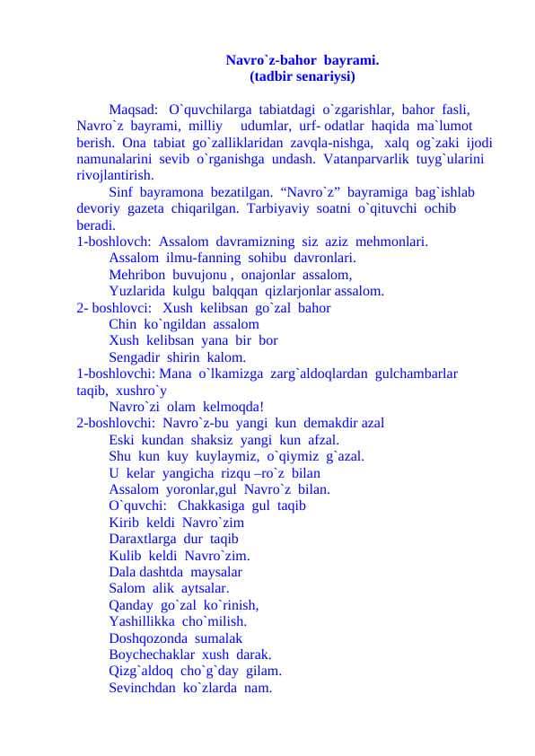 Navro`z-bahor bayrami tadbir senariysi