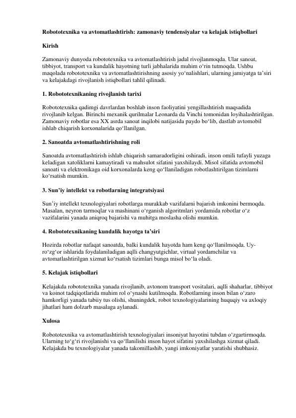 Robototexnika va avtomatlashtirish