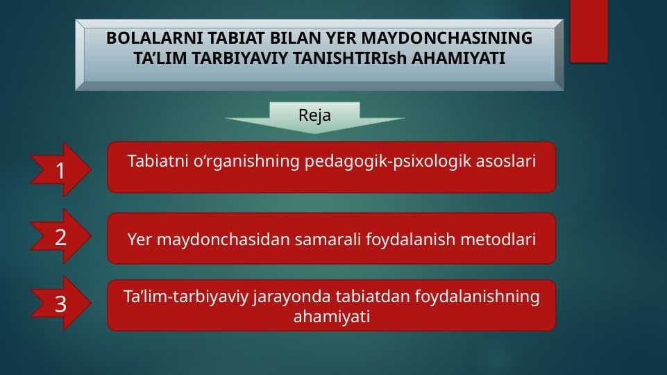 BOLALARNI TABIAT BILAN YER MAYDONCHASINING TA’LIM TARBIYAVIY TANISHTIRIsh AHAMIYATI